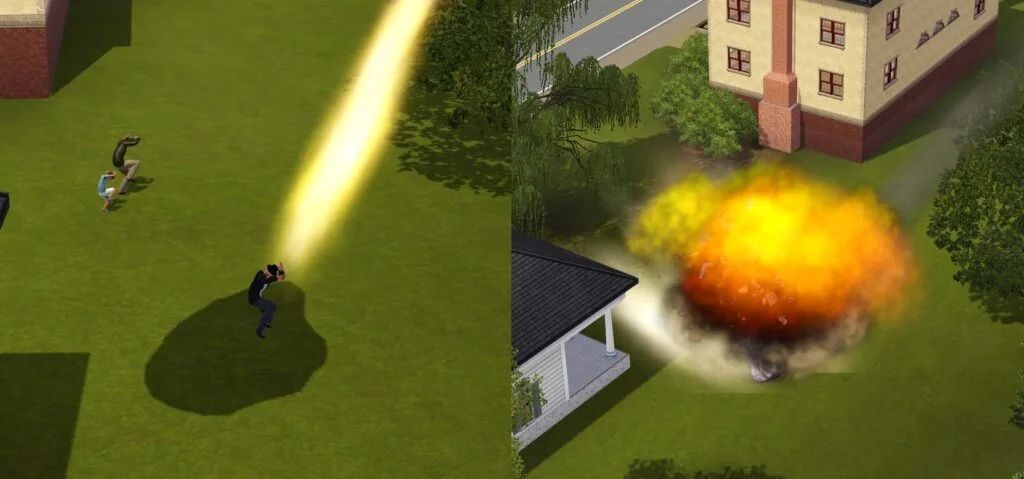 A meteor falling on the ground, with one Sim being under the shadow.