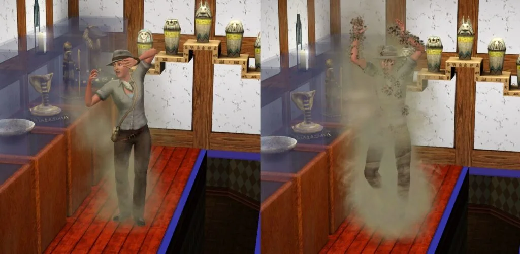 A Sim in The Sims 3 dying by Mummy's Curse.