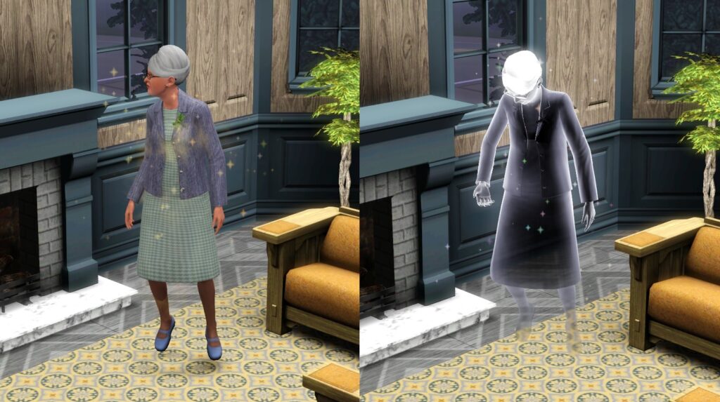 A Sim in The Sims 3 dying by Old Age. The Sim simply turns into a ghost on the spot.