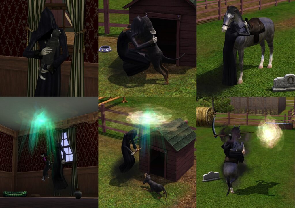 Pets in The Sims 3 dying by old age. First they are hugged, then lead through a portal.