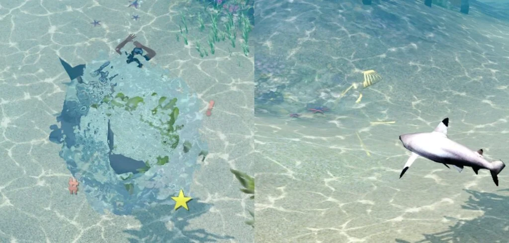 A Sim who is Gasping for Air being attacked by a shark, with the aftermath of the match on the right.