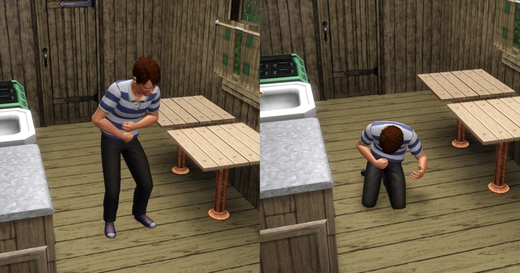 A Sim in The Sims 3 dying by Starvation. They grasp their stomach while collapsing on the ground.