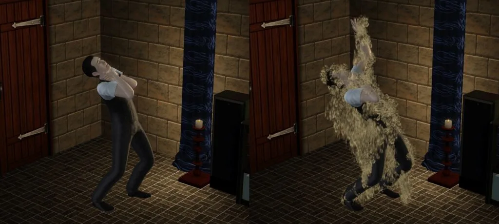 A vampire Sim in The Sims 3 dying by Thirst.