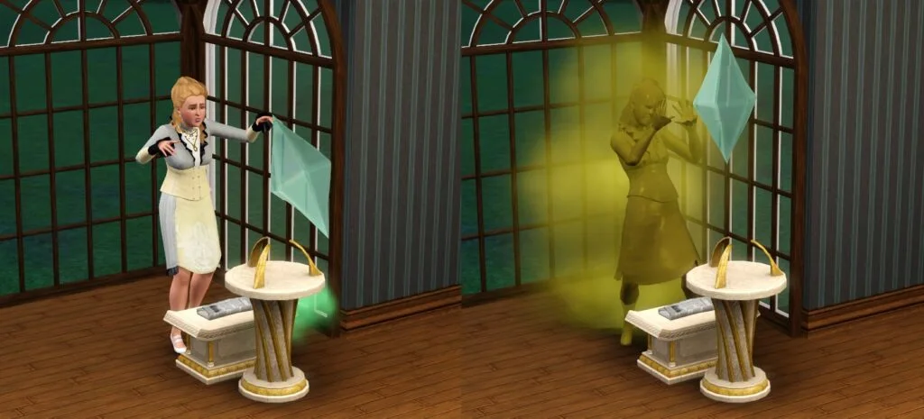 A Sim having the worst failure possible trying to transmute gold with The Philosopher's Stone, turning into a gold statue themselves.