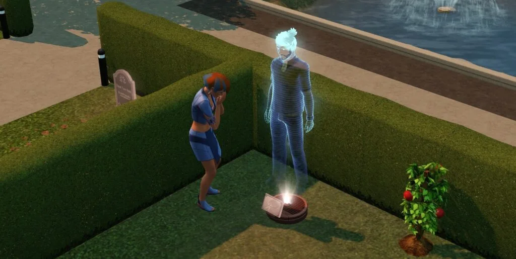 A Sim mourning over a futuristic gravestone.