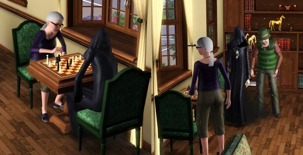 A Sim being resurrected after winning a game of chess against the Grim Reaper.