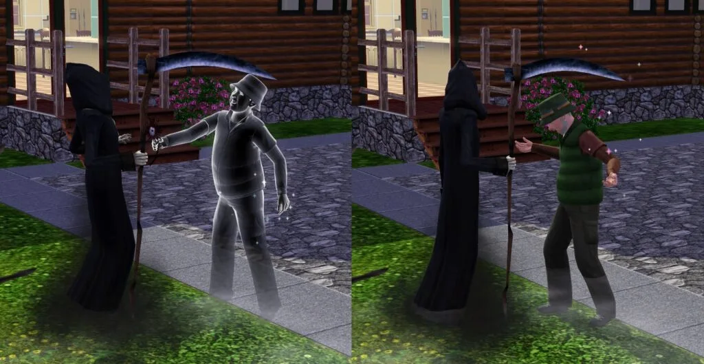 A Sim being resurrected after giving a Death Flower to the Grim Reaper once turned into a ghost.