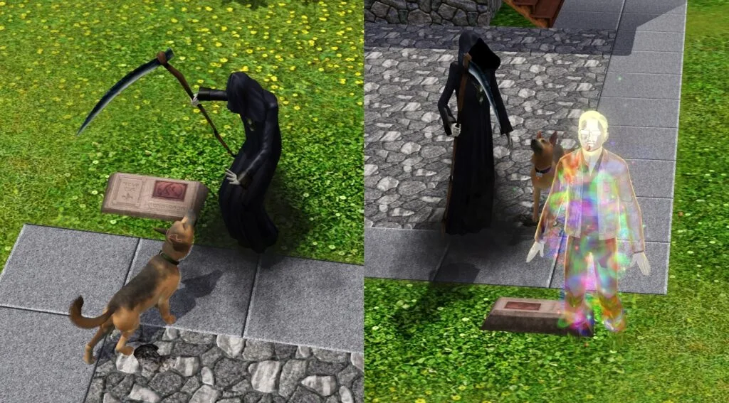 A Sim being resurrected after their pet dog harasses the Grim Reaper.