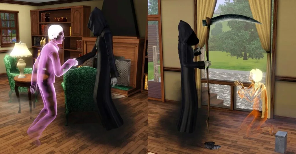 A recently deceased ghost on the left accepting his fate and shaking the Grim Reaper's hand.
On the right, a recently deceased ghost is pleading for their life, which always fails.