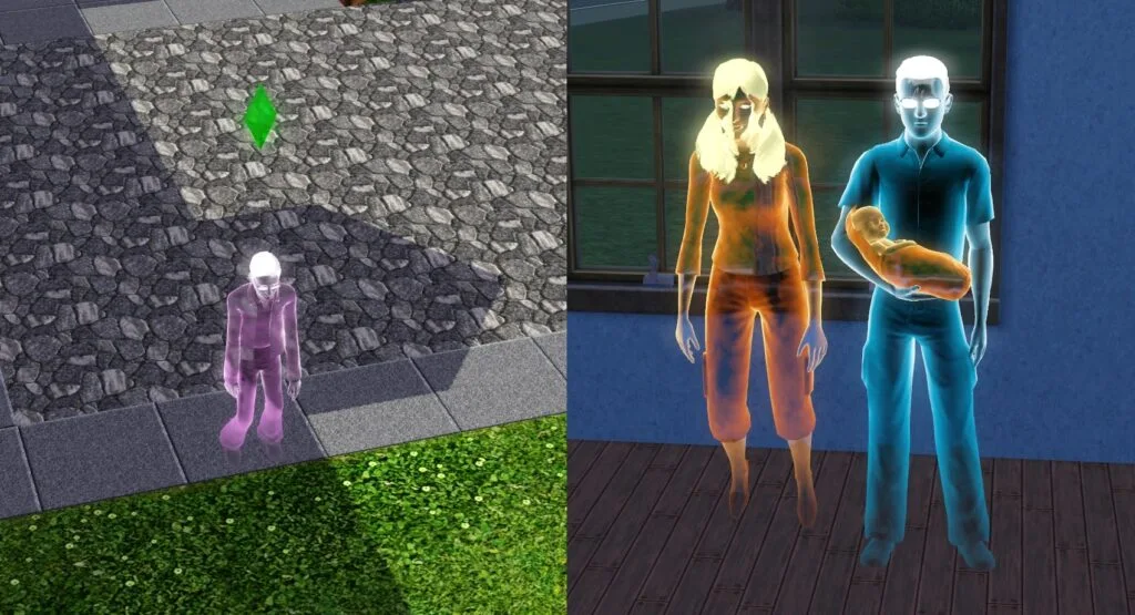 A playable ghost selected (with PlumBob) and a pair of ghosts starting a family.