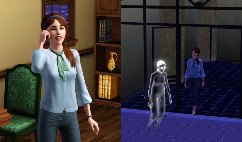 A Sim getting a phone call, after which they can add a ghost to their household through the Science Lab.