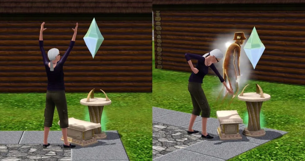 A Sim using The Philosopher's Stone to bind a ghost, making them join the household.