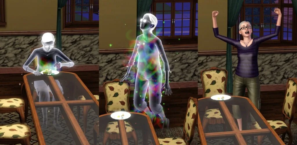 A ghost eating Ambrosia, after which she turns into an alive Sim.