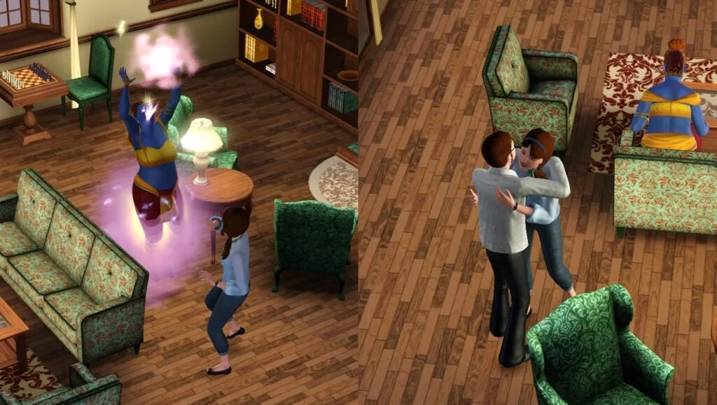 A Sim making a wish to a genie, which brings back the Sim that died. They share a friendly hug.