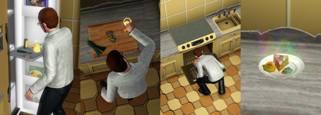 A Sim preparing Ambrosia using a counter to cut and mix it and oven to heat it.