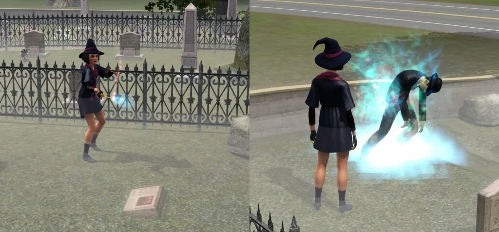 A witch casting Reanimation Ritual to bring a dead Sim back as a zombie.