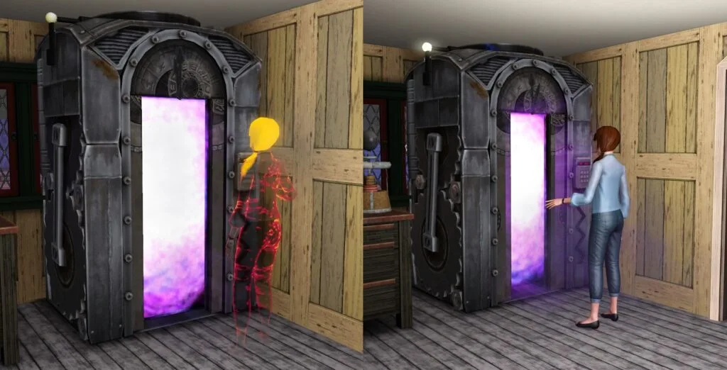 A ghost entering the Time Machine, emerging as an alive Sim.