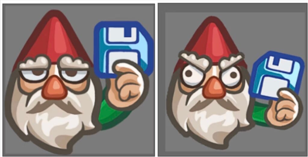 Two grumpy save-reminder gnomes in red hats and glasses, each holding up a blue floppy-disk icon, in a playful, chaotic style.