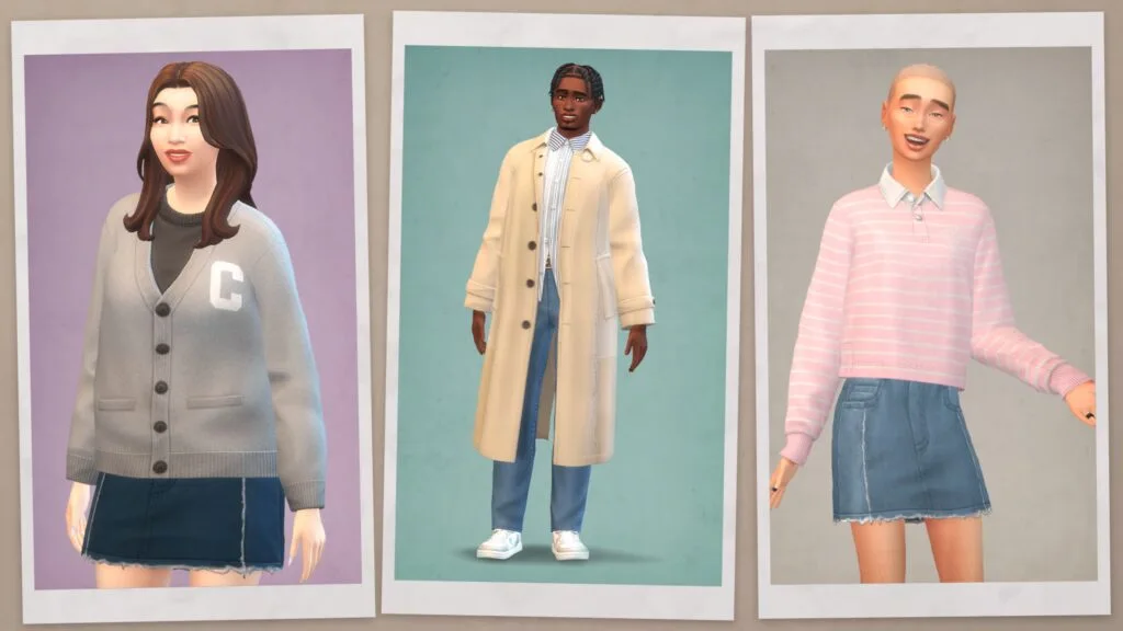 Three polaroid-style portraits of Sims wearing casual fashion: cardigan, trench coat, and striped sweater.