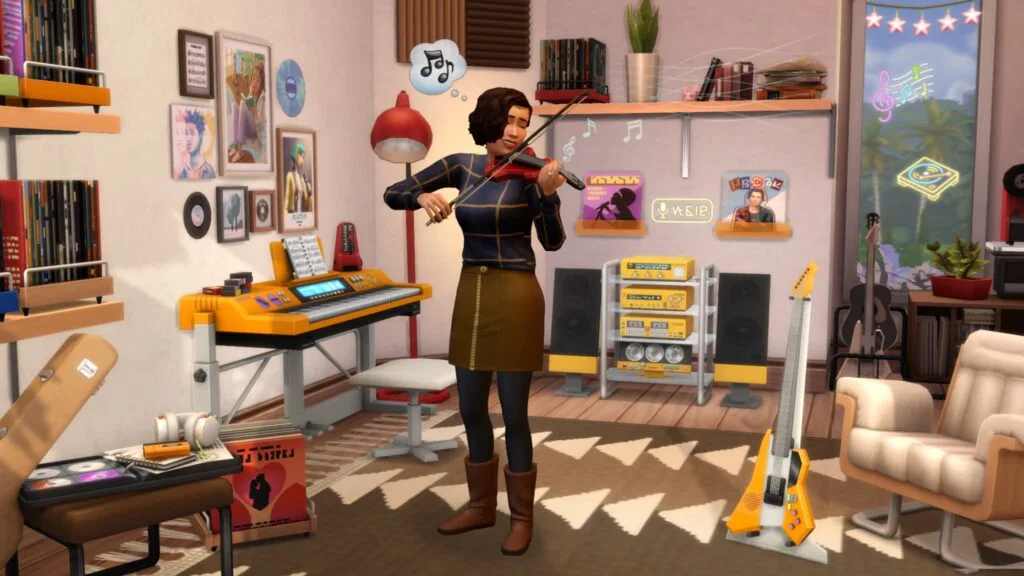 A Sim playing violin in a retro music room with keyboards, guitars, and vintage audio gear.