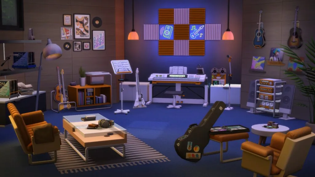 A stylish music studio lounge with orange seating, neon wall art, guitars, and recording equipment.