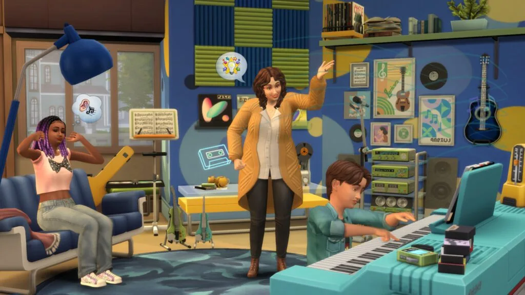 Three Sims in a colorful music studio with instruments, sound equipment, and neon decor.