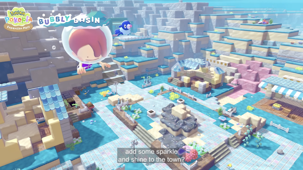 Overhead shot of the broken town, featuring a small patch of pink moss in Bubbly Basin