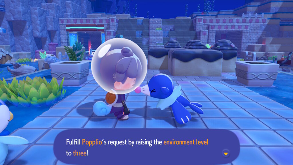 Popplio the seal asks to raise the environment level to three in Bubbly Basin.