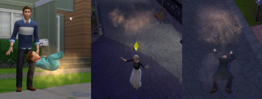 A reborn Sim appearing in front of the lot, either gently landing or falling flat.