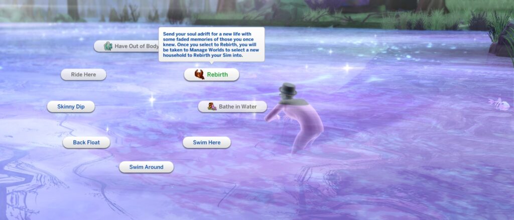 A ghost swimming in Baleful Bog, with the Rebirth option highlighted.