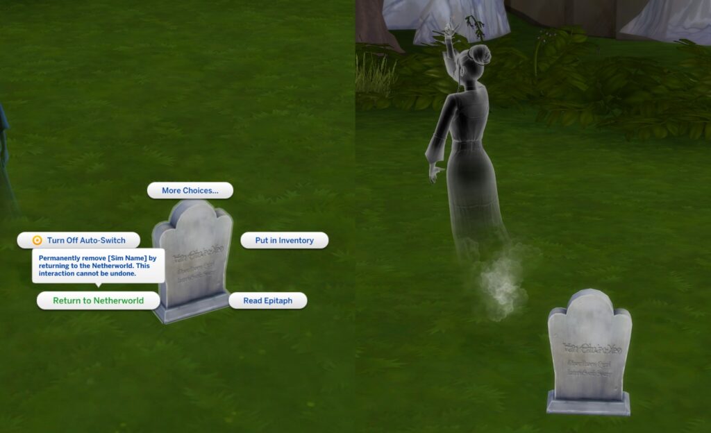 A ghost returning to Netherworld at their gravestone, never to return again.