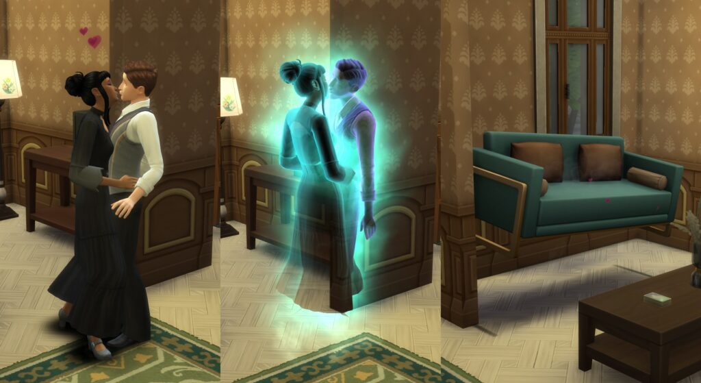 Two Sims (one of them having Burning Soul trait) transforming into temporary ghosts to have the Transcendent WooHoo in a loveseat.