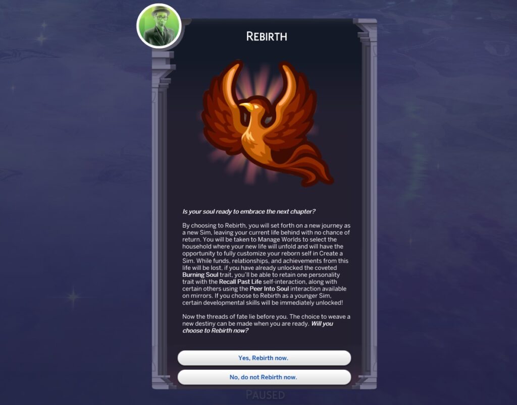 Rebirth confirmation dialogue.