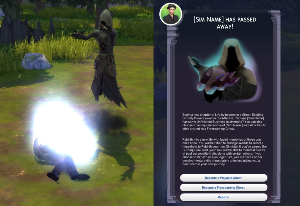 A Sim being reaped, giving them an option to either become a ghost or be reborn.