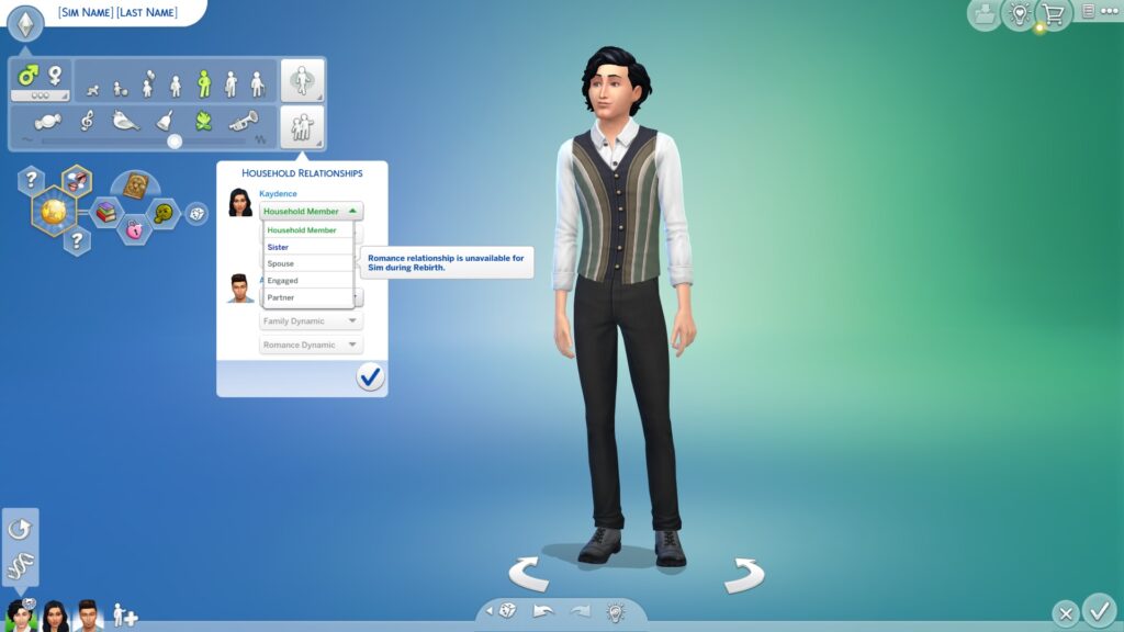 A completed reborn Sim, with the picture demonstrating that romantic relationships cannot be set for them.