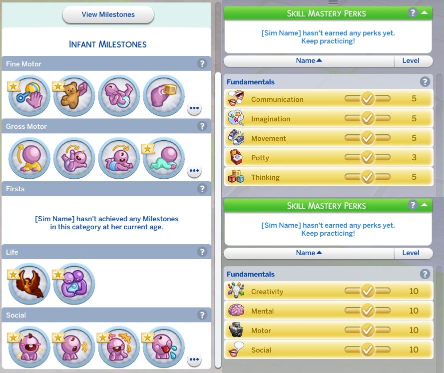 Developmental milestones and skills maxed out for a Sim reborn with Burning Soul trait.