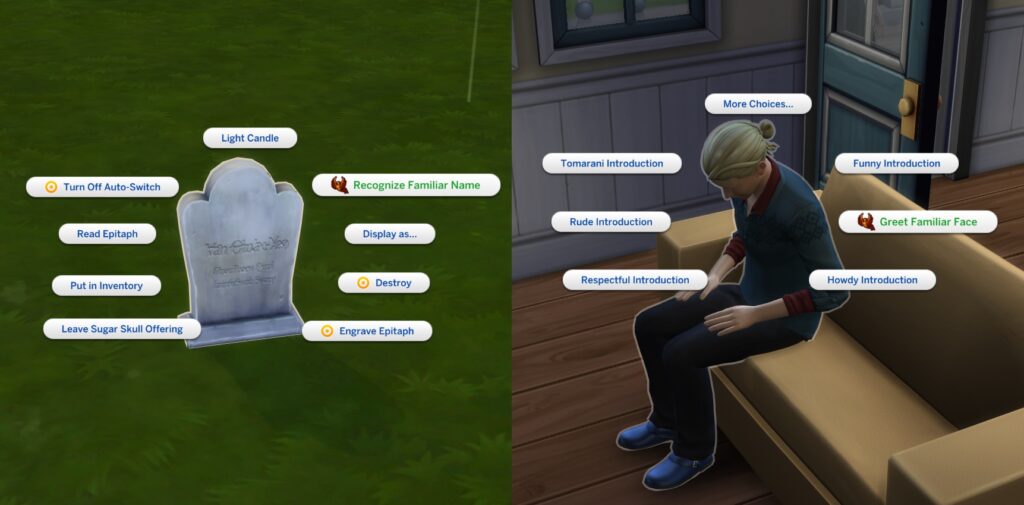 A reborn Sim getting new interactions to remind them of their past life.