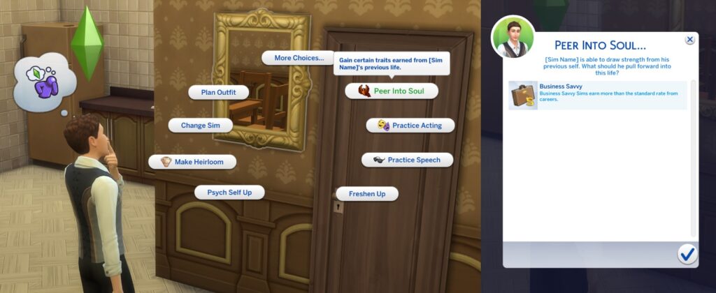 A Sim with Burning Soul trait using a mirror to Peer Into Soul, with the game offering them Business Savvy bonus trait as they didn't have any more than that.