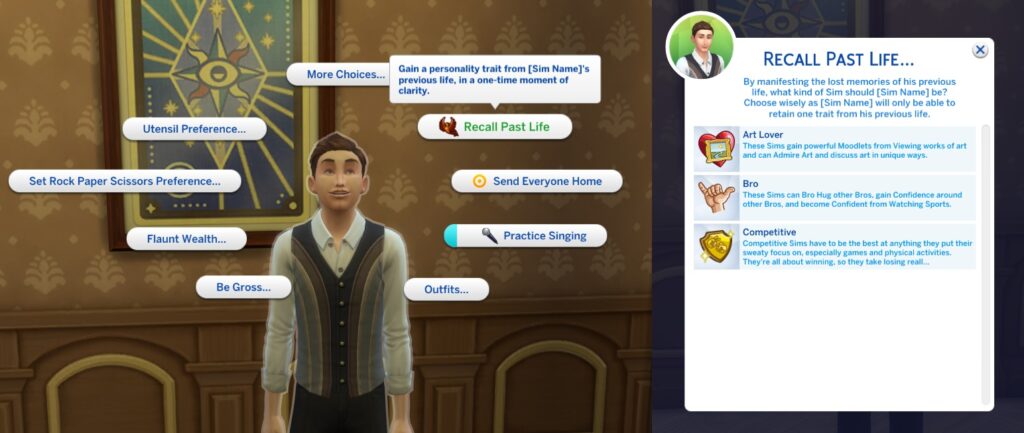 A reborn Sim with Burning Soul trait Recalling their Past Life, with three traits offered: Art Lover, Bro, and Competitive.