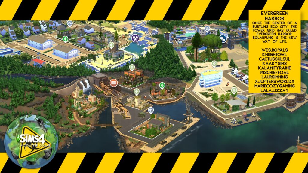Evergreen Harbor in The Sims 4 Apocalypse Save File transformed into a solarpunk world after the power grid fails.