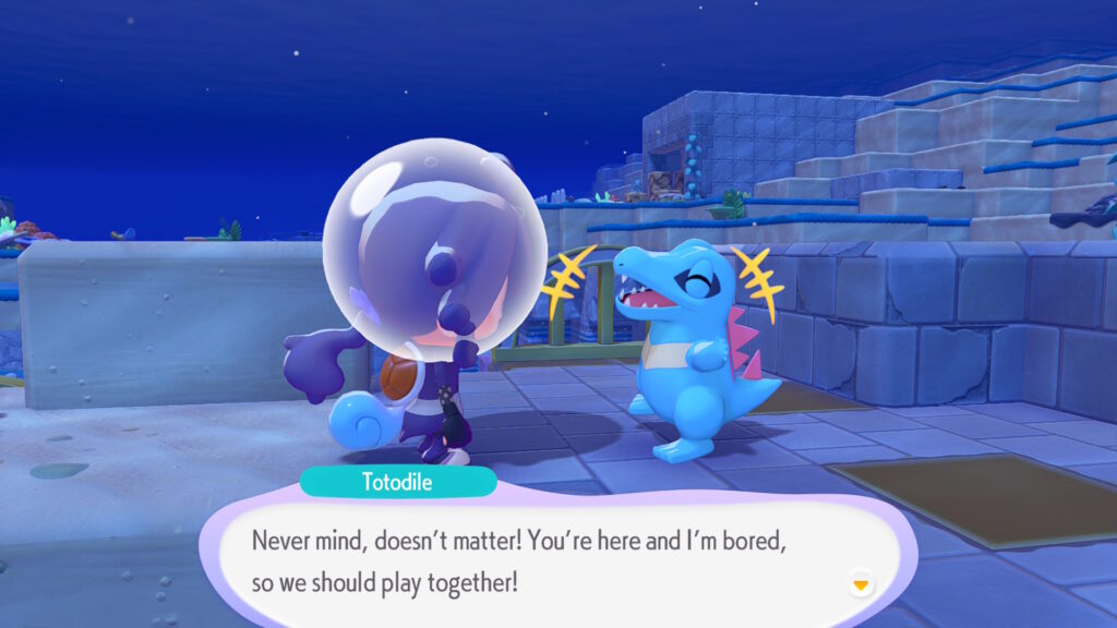 Totodile asks to play games as part of the stroy walkthrough in Bubbly Basin