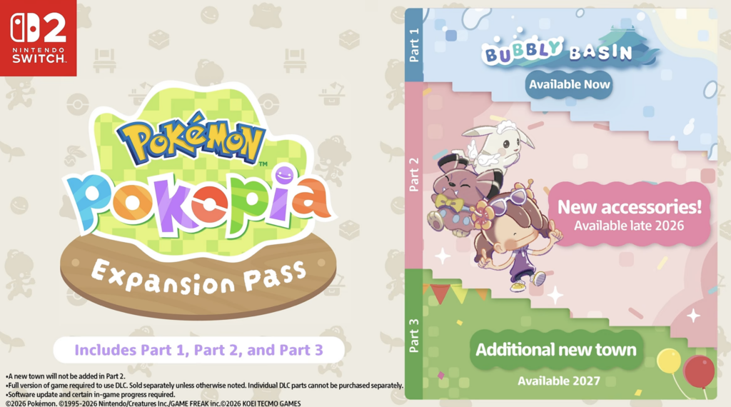 The art for the second wave of the Pokopia Expansion pass shows Snubbull wearing a bow tie, Ditto wearing sunglasses and flowers, and Peakychu wearing angel wings and a frilly headband. 