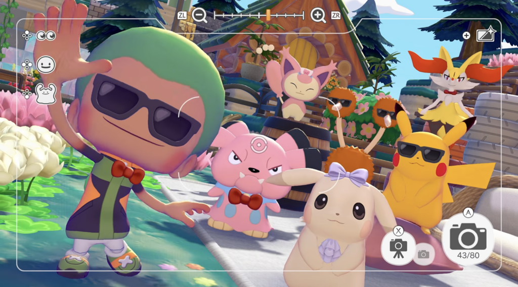 Ditto hangs out with Snubbull, Skitty, Pikachu, Peakychu, Doduo, and Braixen pose for a selfie. 