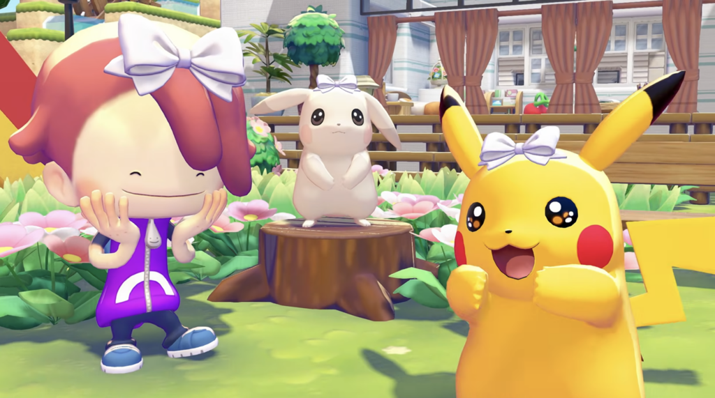 The Pokopia Expansion Pass Part 2 Trailer showing Pikachu, Peakychu, and Ditto wearing white bows on their heads.