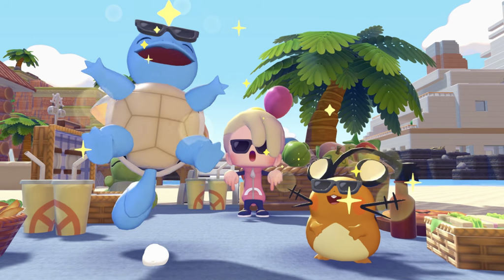 The Pokopia Expansion Pass Part 2 trailer showing squirtle, Dedenne, and Ditto wearing sunglasses.