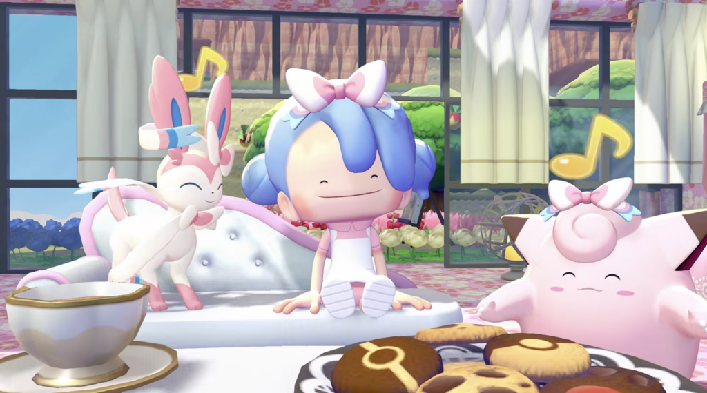 The Pokopia Expansion Pass Part 2 trailer shows Ditto and Clefairy wearing Sylveon-inspired bows as Sylveon sits next to them.