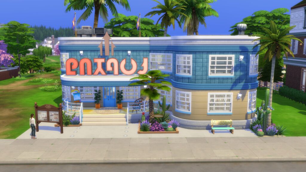 Blue and cream recreation center with rounded architecture, tropical landscaping, large windows and a colorful entrance in The Sims 4.