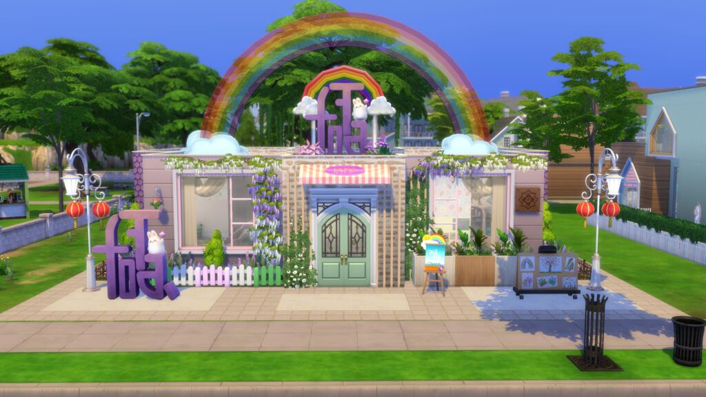 Pastel Sims 4 daycare featuring a giant rooftop rainbow, mint green entrance, hanging flowers and whimsical decorations.