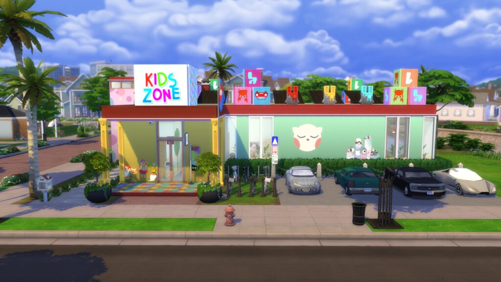 Colorful Sims 4 Gallery build featuring a large daycare with Kids Zone signage, oversized toy blocks and a private upstairs apartment.