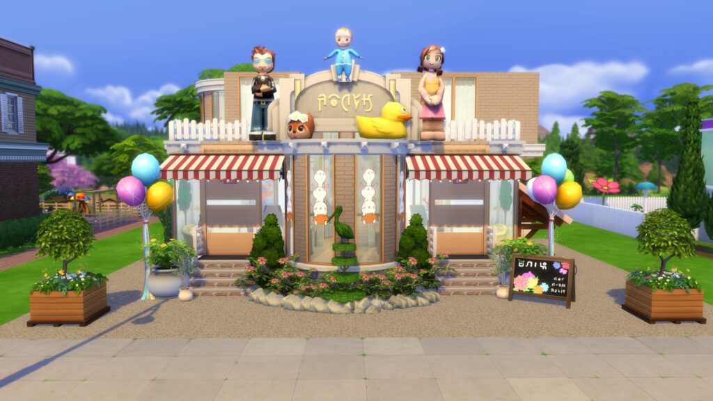 Colorful Sims 4 daycare with oversized character decorations, striped awnings, balloons and a landscaped entrance.